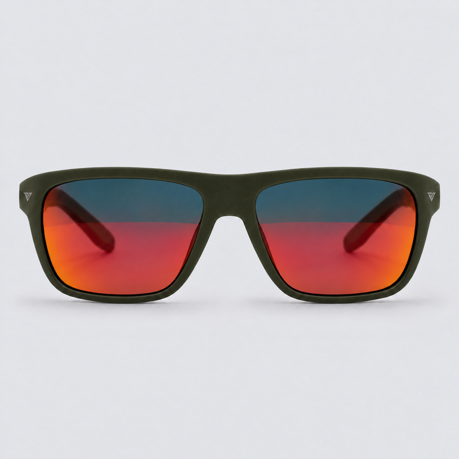Trailvision Timberline sunglasses, Olive Green frame with polarized Red Mirror lenses, front view