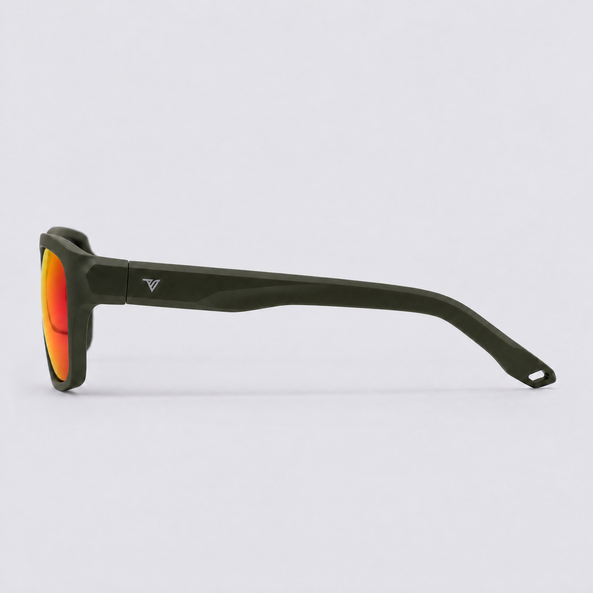 Trailvision Timberline sunglasses, Olive Green frame with polarized Red Mirror lenses, side view