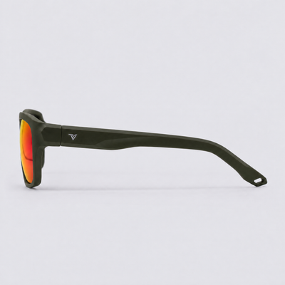 Trailvision Timberline sunglasses, Olive Green frame with polarized Red Mirror lenses, side view
