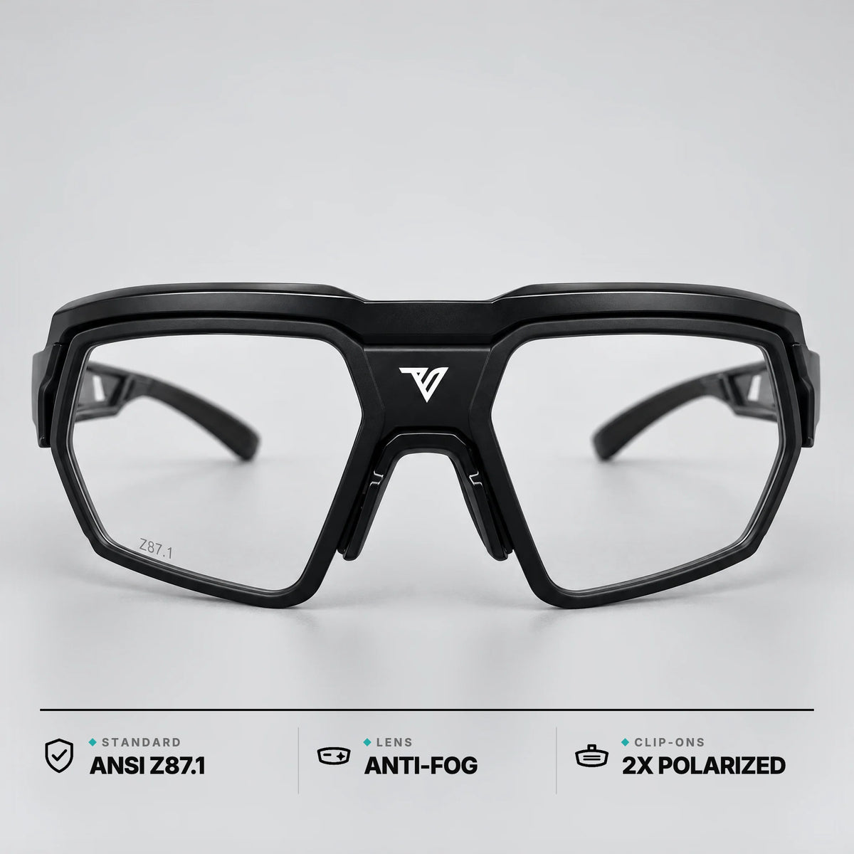 Trailvision Titan safety glasses front view: ANSI Z87.1, anti-fog lens, 2 polarized clip-ons