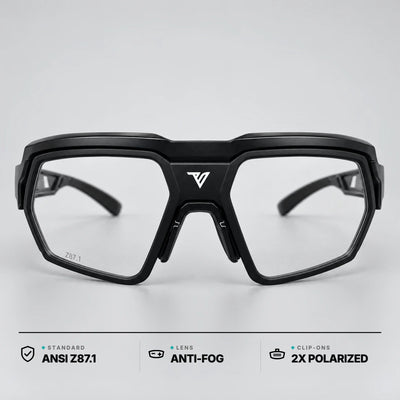 Trailvision Titan safety glasses front view: ANSI Z87.1, anti-fog lens, 2 polarized clip-ons