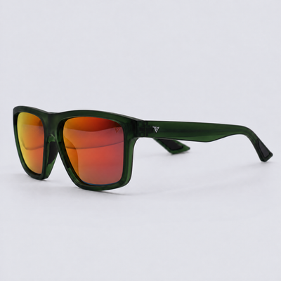 Trailvision Trailhead sunglasses, Crystal Green frame with black tip inlays and polarized Red Mirror lenses, angle view