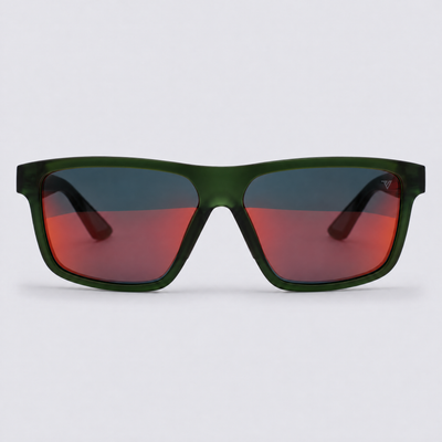 Trailvision Trailhead sunglasses, Crystal Green frame with black tip inlays and polarized Red Mirror lenses, front view