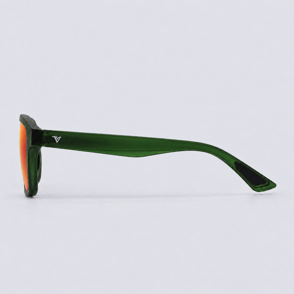 Trailvision Trailhead sunglasses, Crystal Green frame with black tip inlays and polarized Red Mirror lenses, side view