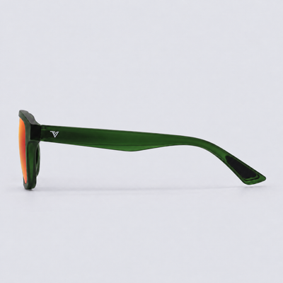 Trailvision Trailhead sunglasses, Crystal Green frame with black tip inlays and polarized Red Mirror lenses, side view