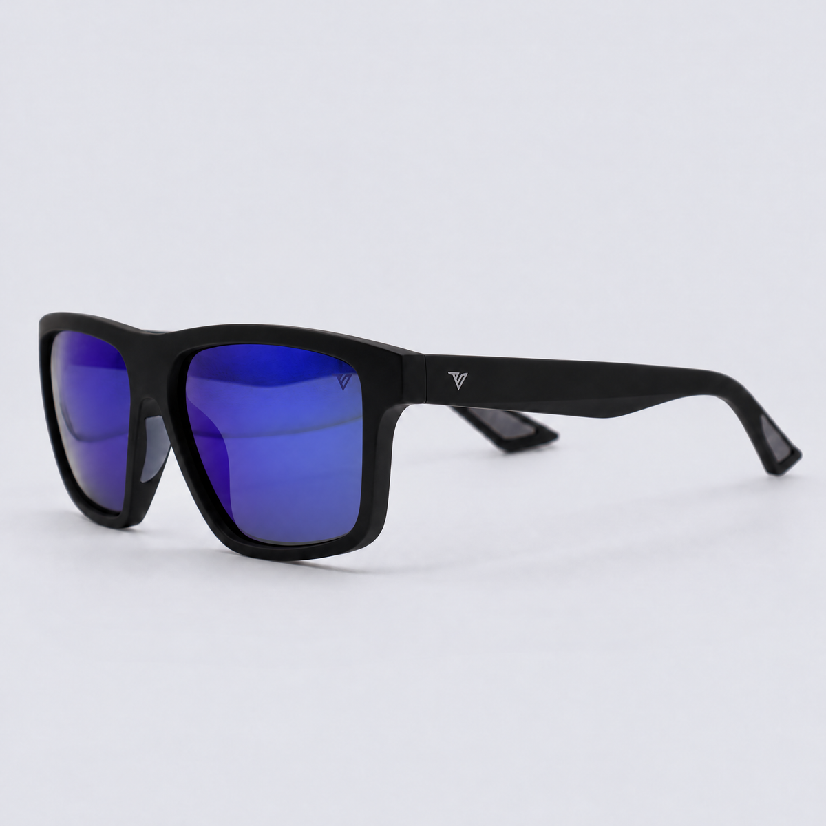 Trailvision Trailhead sunglasses, Matte Black frame with polarized Blue Mirror lenses, angle view