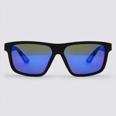 Trailvision Trailhead sunglasses, Matte Black frame with polarized Blue Mirror lenses, front view