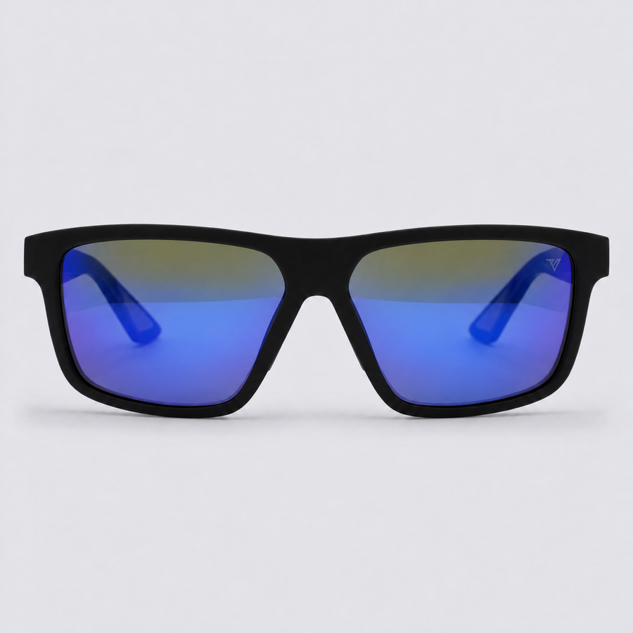 Trailvision Trailhead sunglasses, Matte Black frame with polarized Blue Mirror lenses, front view