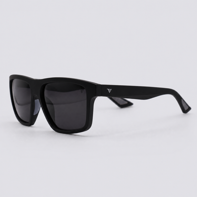 Trailvision Trailhead sunglasses, Matte Black frame with polarized Smoke lenses, angle view
