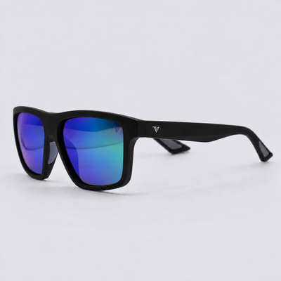 Trailvision Trailhead sunglasses, Matte Black frame with polarized Purple-Green Mirror lenses, angle view