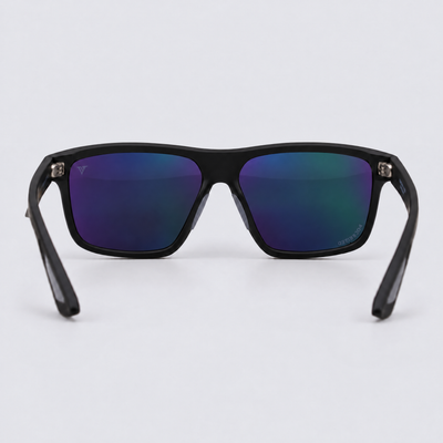 Trailvision Trailhead sunglasses, Matte Black frame with polarized Purple-Green Mirror lenses, back view
