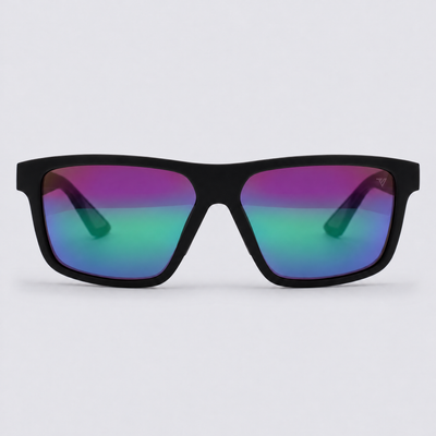 Trailvision Trailhead sunglasses, Matte Black frame with polarized Purple-Green Mirror lenses, front view
