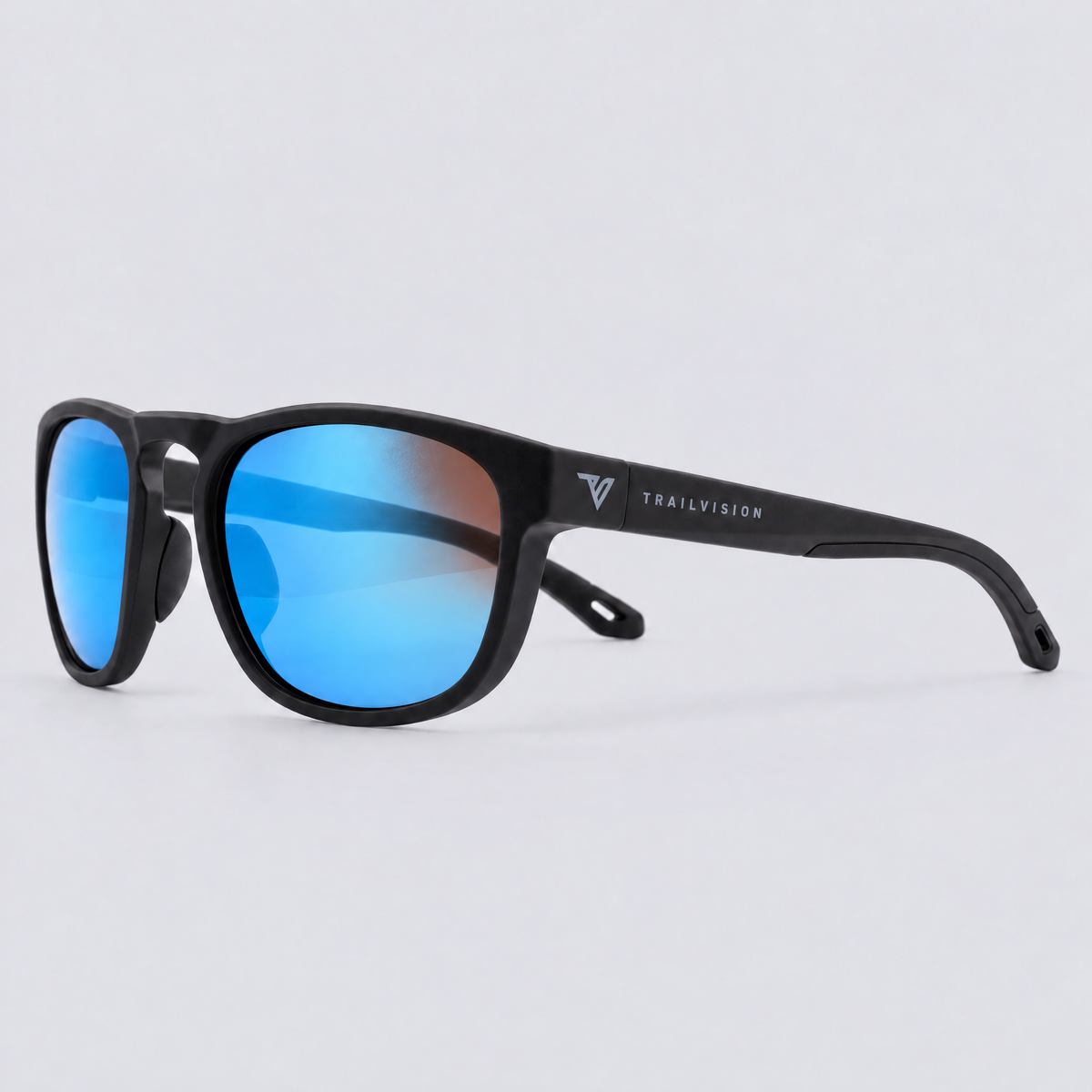 Trekker polarized sunglasses, Matte Black frame, Blue mirror lenses – angle view