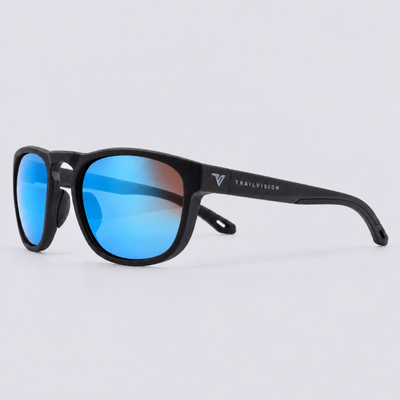 Trekker polarized sunglasses, Matte Black frame, Blue mirror lenses – angle view