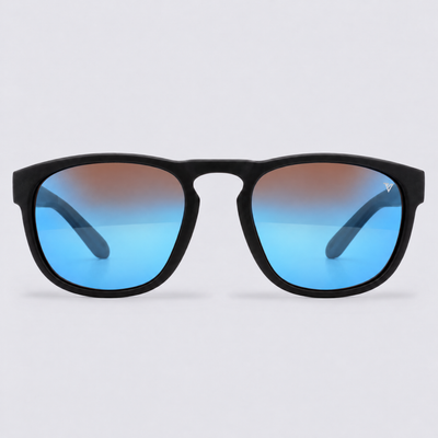 Trekker polarized sunglasses, Matte Black frame, Blue mirror lenses – front view