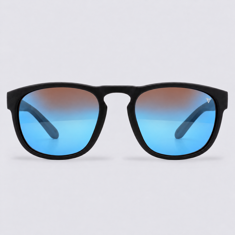 Trekker polarized sunglasses, Matte Black frame, Blue mirror lenses – front view