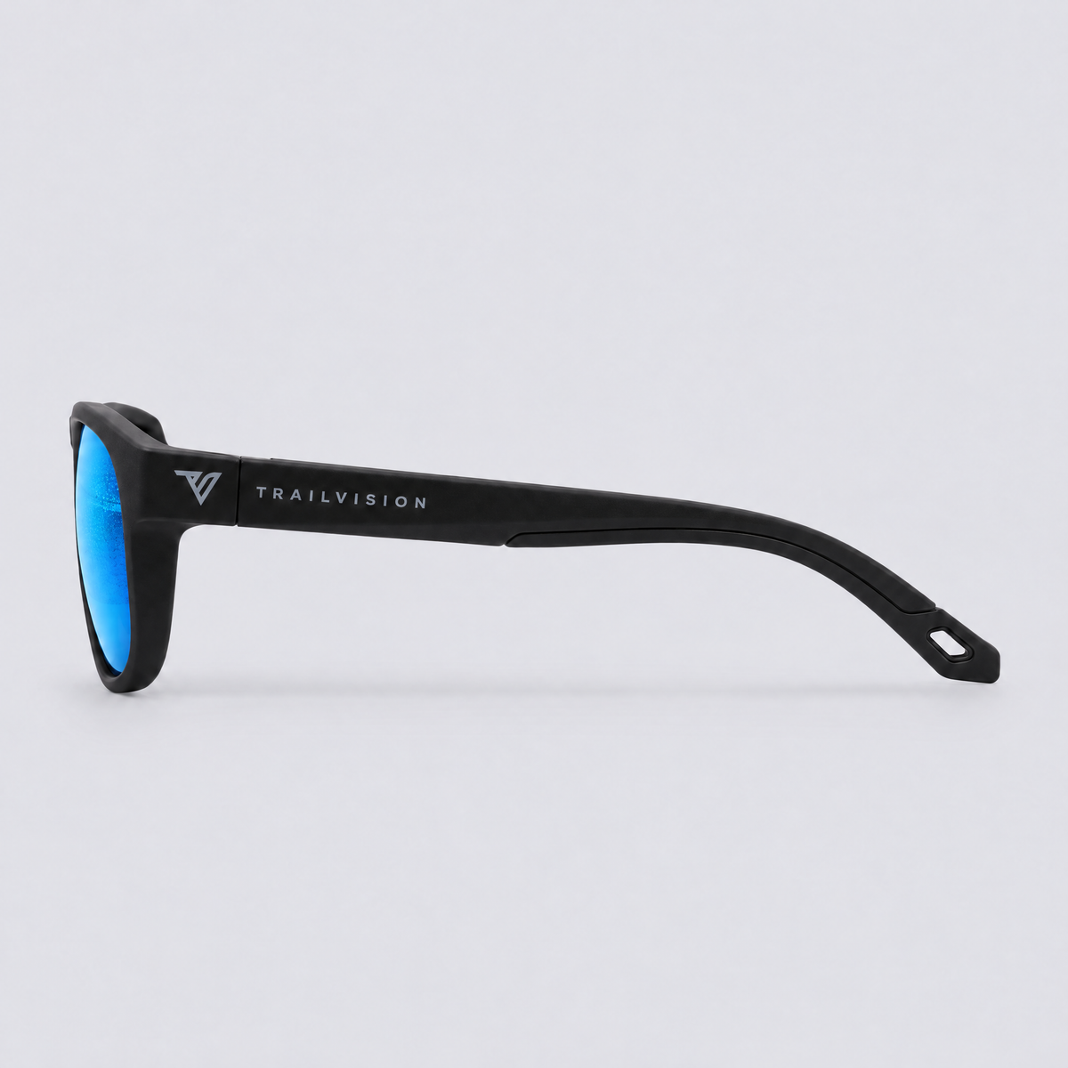 Trekker polarized sunglasses, Matte Black frame, Blue mirror lenses – side view