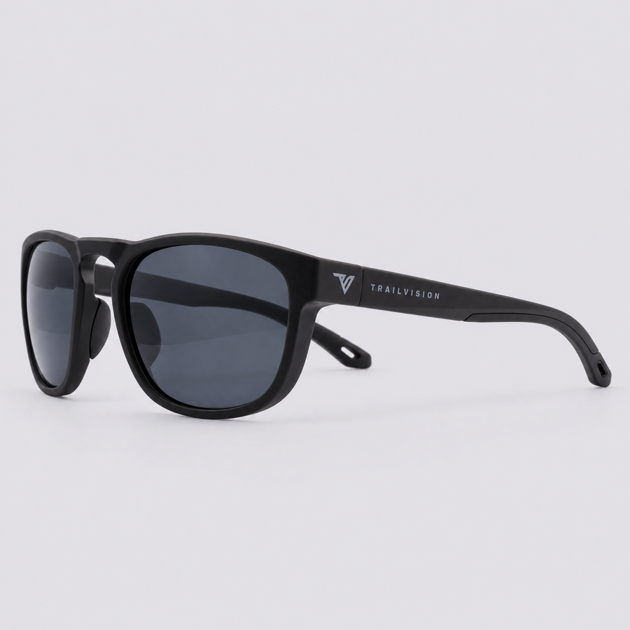 Trekker polarized sunglasses, Matte Black frame, Smoke lenses – angle view