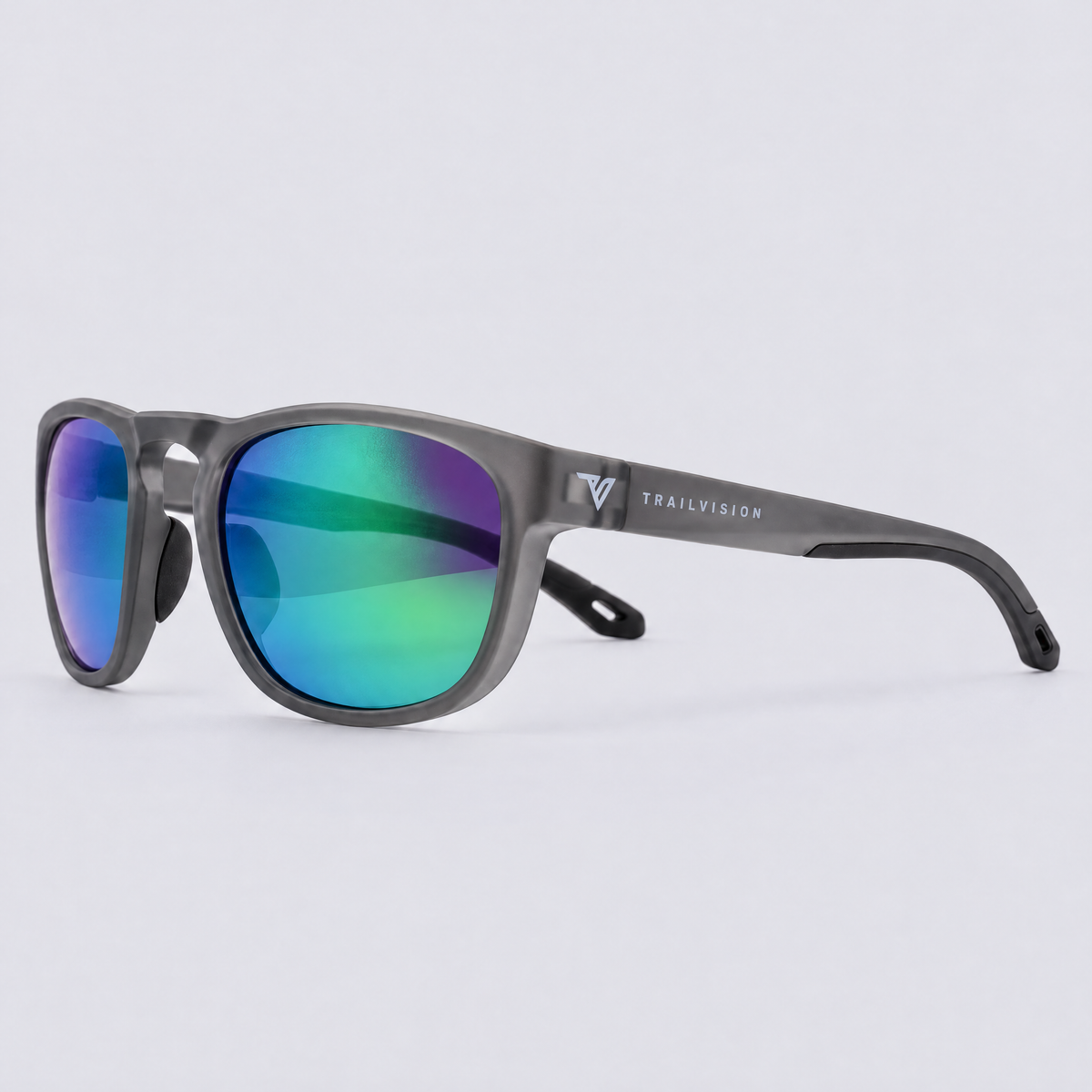 Trekker polarized sunglasses, Matte Crystal Dark Grey frame, Green mirror lenses – angle view