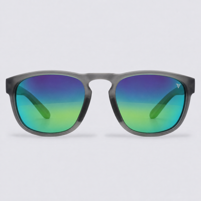 Trekker polarized sunglasses, Matte Crystal Dark Grey frame, Green mirror lenses – front view