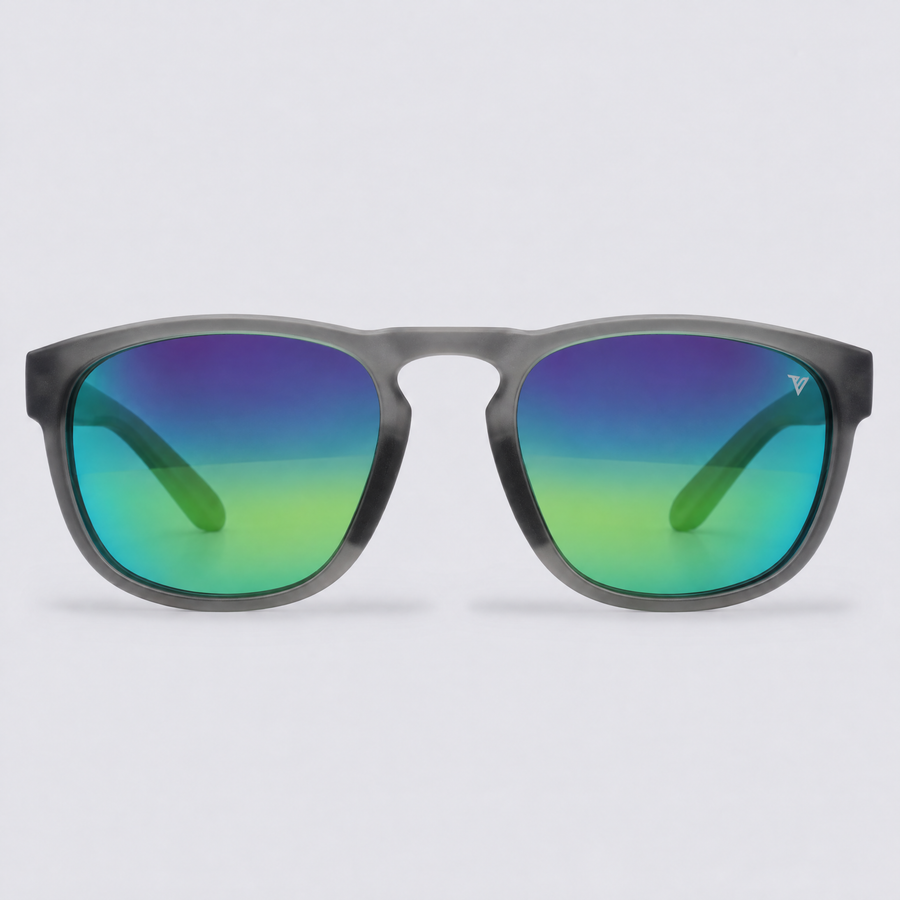 Trekker polarized sunglasses, Matte Crystal Dark Grey frame, Green mirror lenses – front view