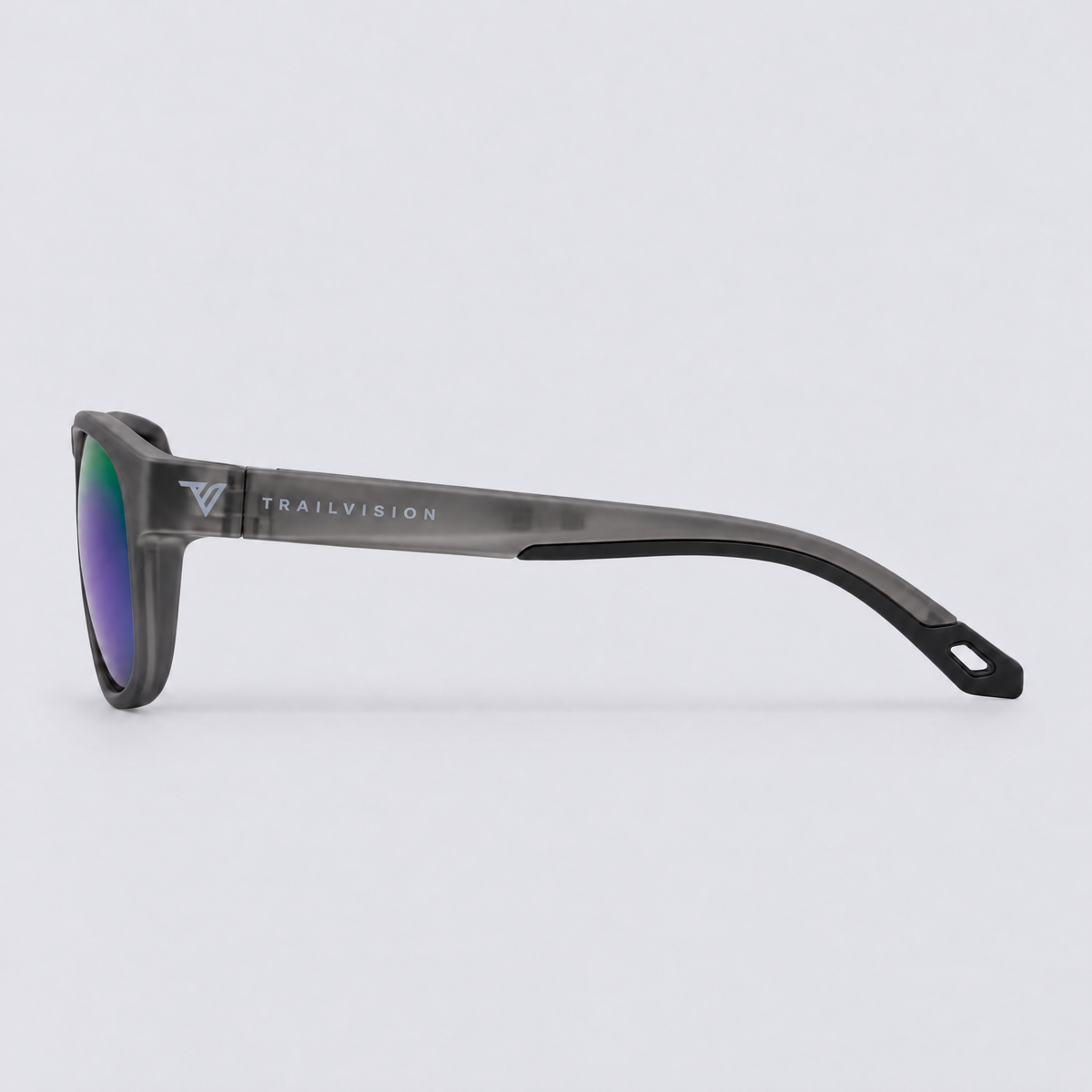 Trekker polarized sunglasses, Matte Crystal Dark Grey frame, Green mirror lenses – side view