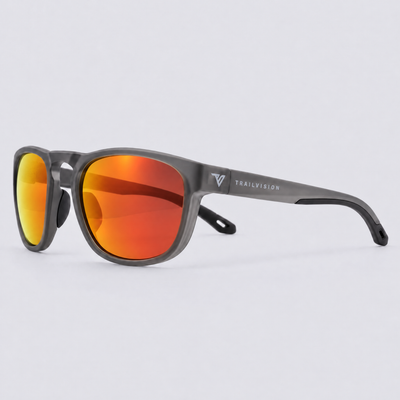 Trekker polarized sunglasses, Matte Crystal Dark Grey frame, Red mirror lenses – angle view