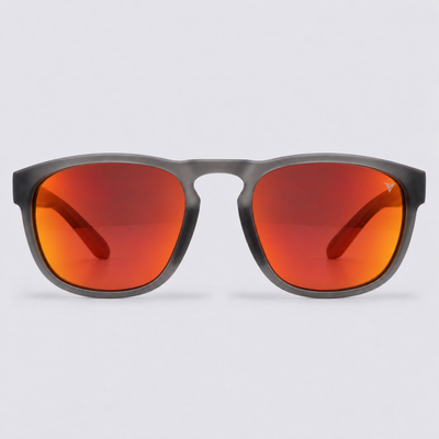 Trekker polarized sunglasses, Matte Crystal Dark Grey frame, Red mirror lenses – front view