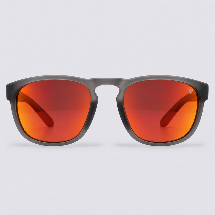 Trekker polarized sunglasses, Matte Crystal Dark Grey frame, Red mirror lenses – front view