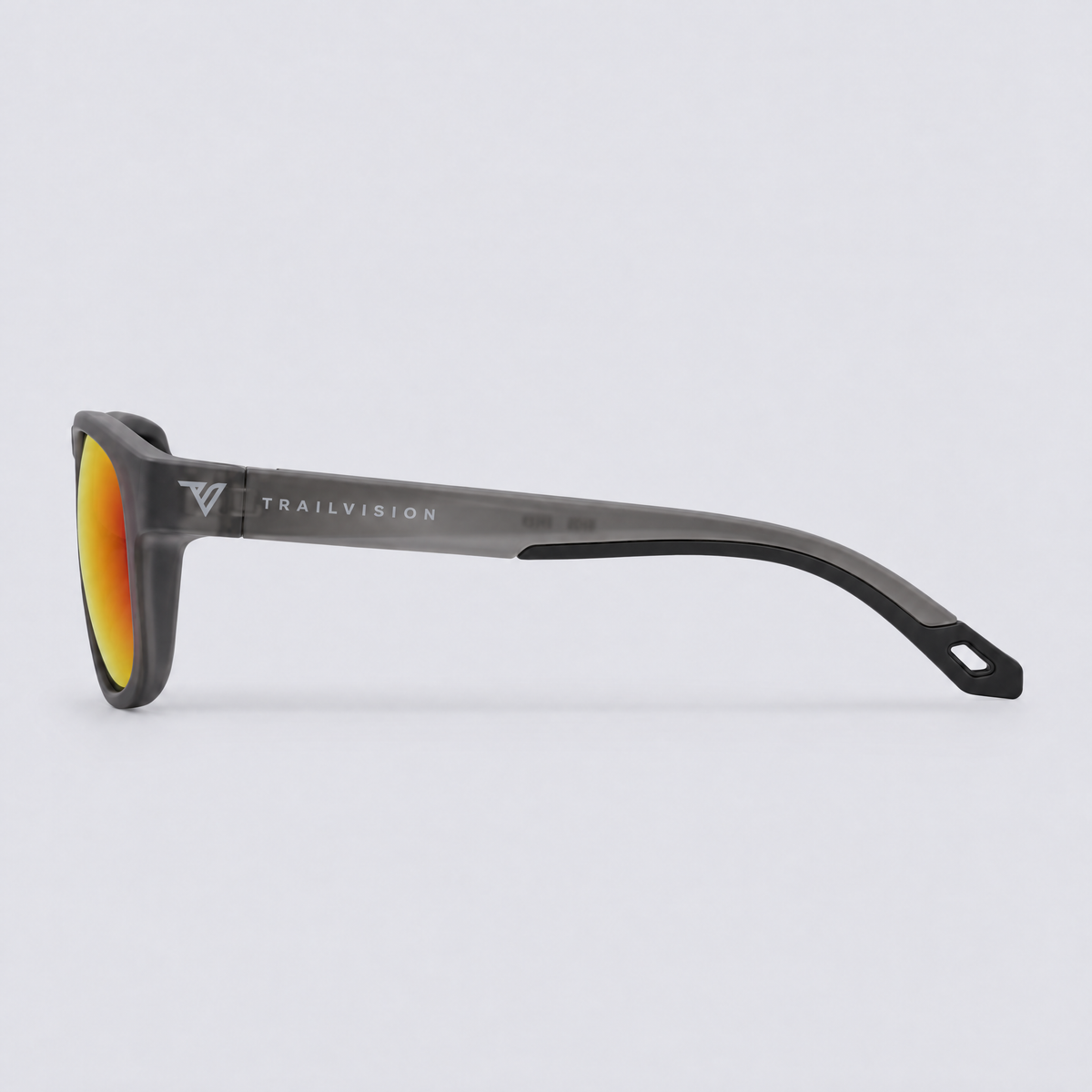 Trekker polarized sunglasses, Matte Crystal Dark Grey frame, Red mirror lenses – side view