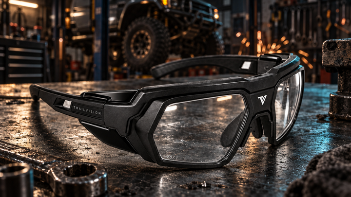 Safety eyewear on a workbench