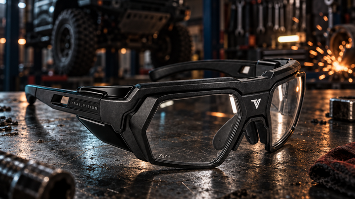 Titan safety glasses in an off-road garage