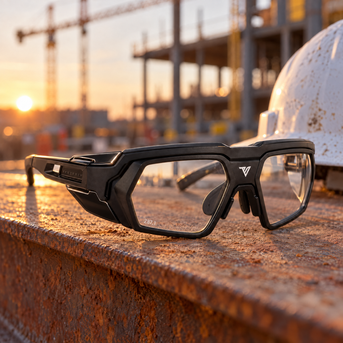 Titan safety glasses at a construction site with a hard hat