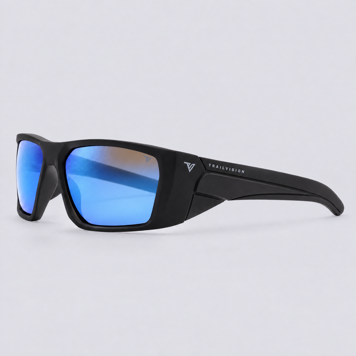 Vanguard 2.0 polarized sunglasses, Matte Black frame, Blue mirror lenses – angle view