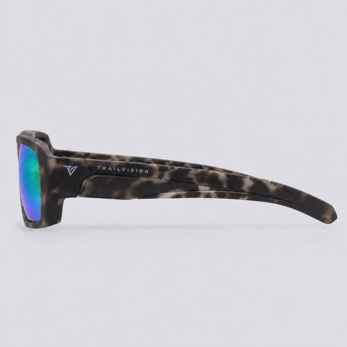 Vanguard 2.0 polarized sunglasses, Matte Grey Tortoise frame, Green mirror lenses – side view