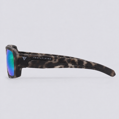Vanguard 2.0 polarized sunglasses, Matte Grey Tortoise frame, Green mirror lenses – side view