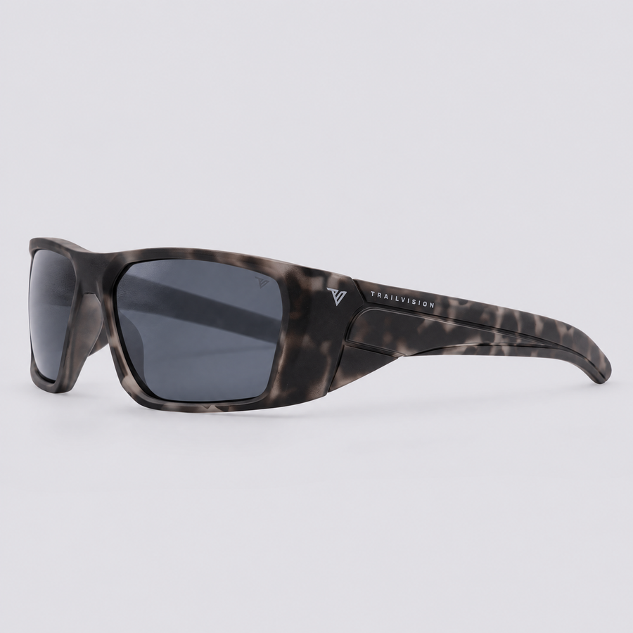 Vanguard 2.0 polarized sunglasses, Matte Grey Tortoise frame, Smoke lenses – angle view