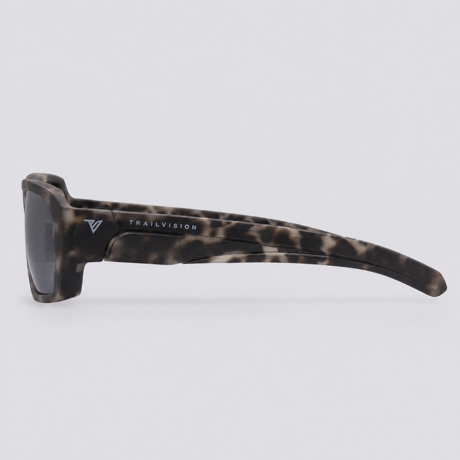 Vanguard 2.0 polarized sunglasses, Matte Grey Tortoise frame, Smoke lenses – side view