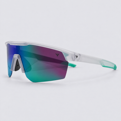 Trailvision Velocity sunglasses, Frosted Clear frame with mint green temple tips and a polarized Purple-Green Mirror shield lens, angle view