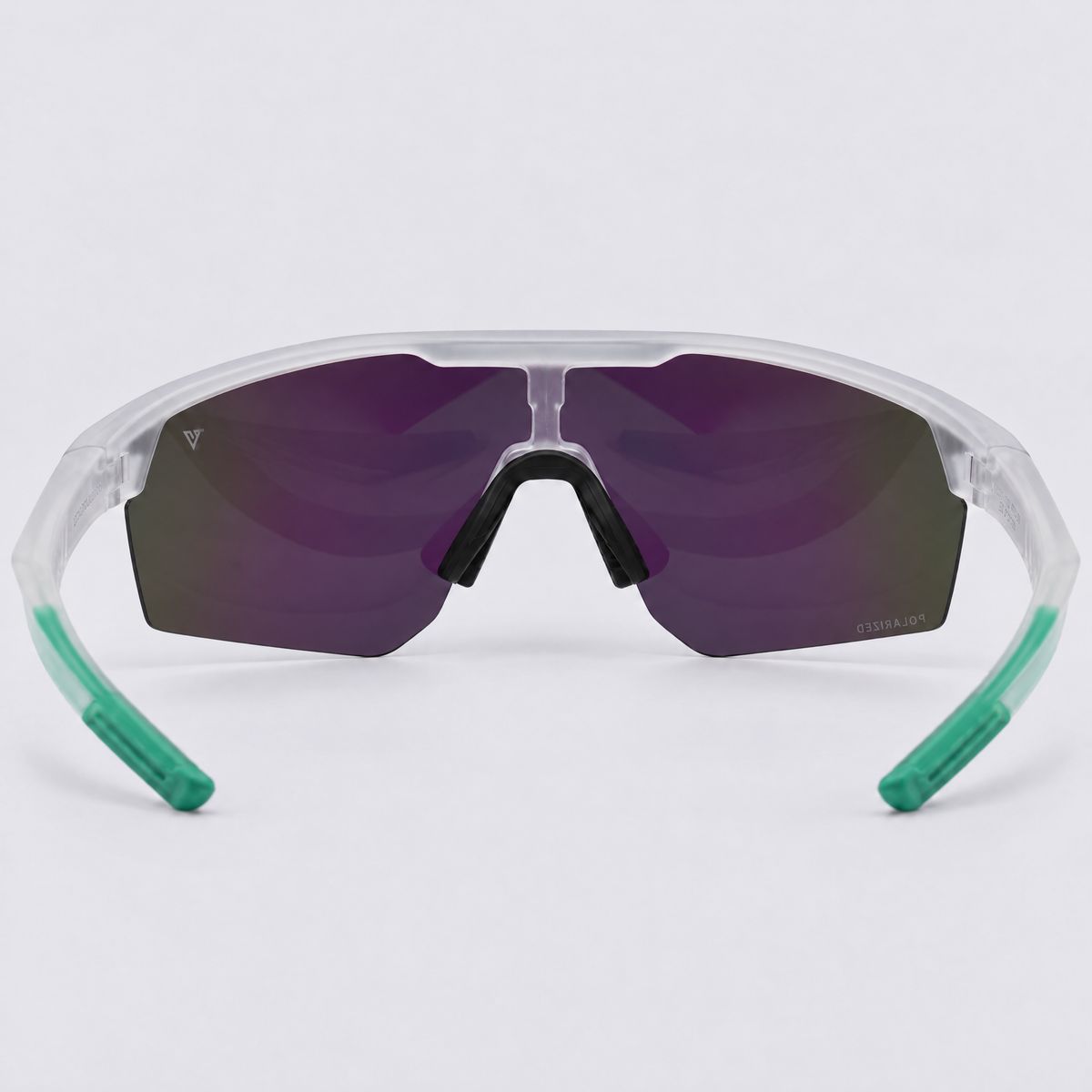 Trailvision Velocity sunglasses, Frosted Clear frame with mint green temple tips and a polarized Purple-Green Mirror shield lens, back view