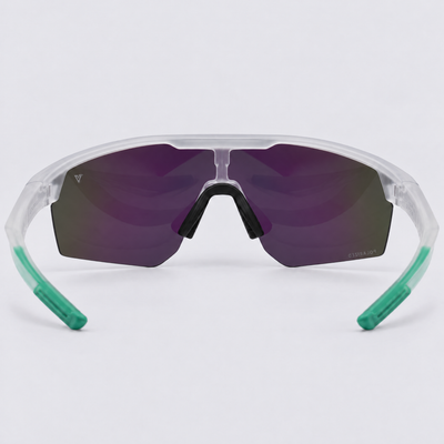 Trailvision Velocity sunglasses, Frosted Clear frame with mint green temple tips and a polarized Purple-Green Mirror shield lens, back view