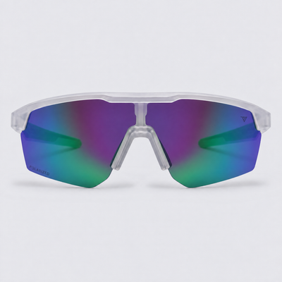 Trailvision Velocity sunglasses, Frosted Clear frame with mint green temple tips and a polarized Purple-Green Mirror shield lens, front view