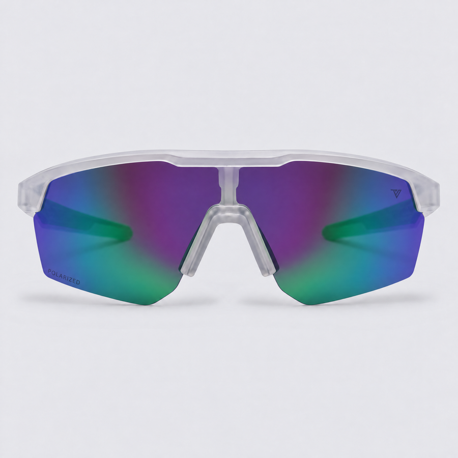 Trailvision Velocity sunglasses, Frosted Clear frame with mint green temple tips and a polarized Purple-Green Mirror shield lens, front view
