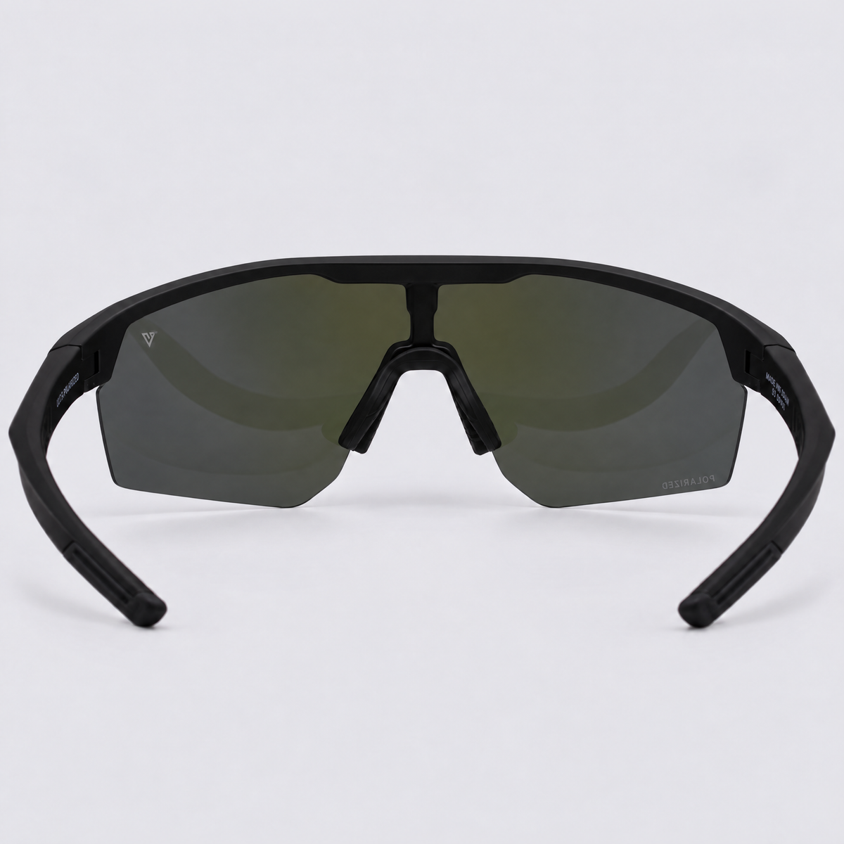 Trailvision Velocity sunglasses, Matte Black frame with black temple tips and a polarized Dark Blue Mirror shield lens, back view