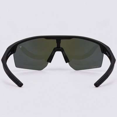 Trailvision Velocity sunglasses, Matte Black frame with black temple tips and a polarized Dark Blue Mirror shield lens, back view