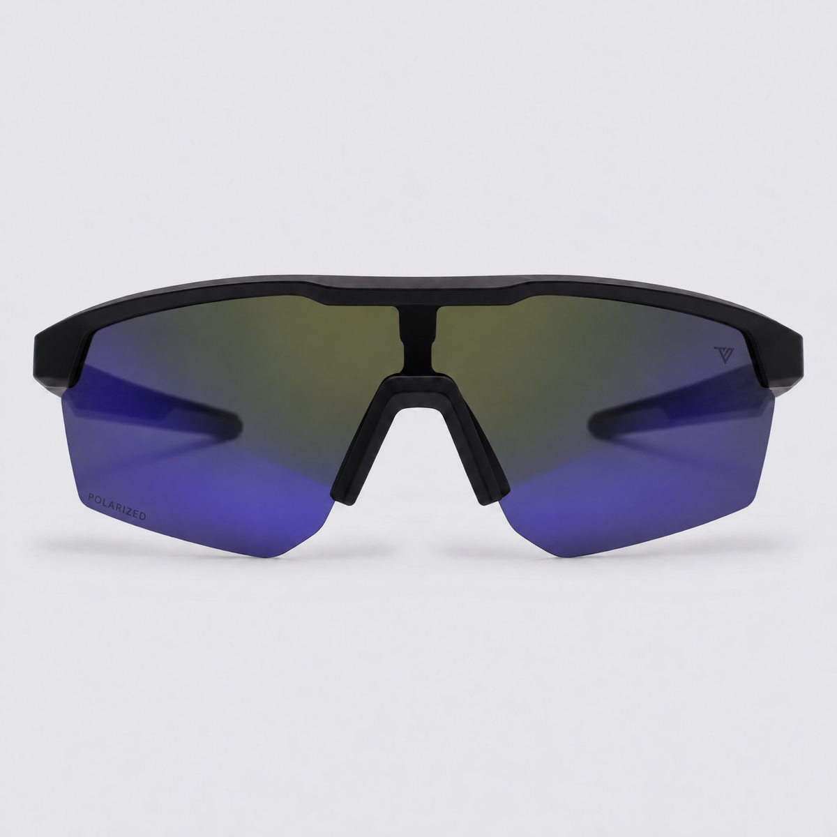 Trailvision Velocity sunglasses, Matte Black frame with black temple tips and a polarized Dark Blue Mirror shield lens, front view