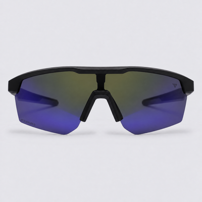 Trailvision Velocity sunglasses, Matte Black frame with black temple tips and a polarized Dark Blue Mirror shield lens, front view