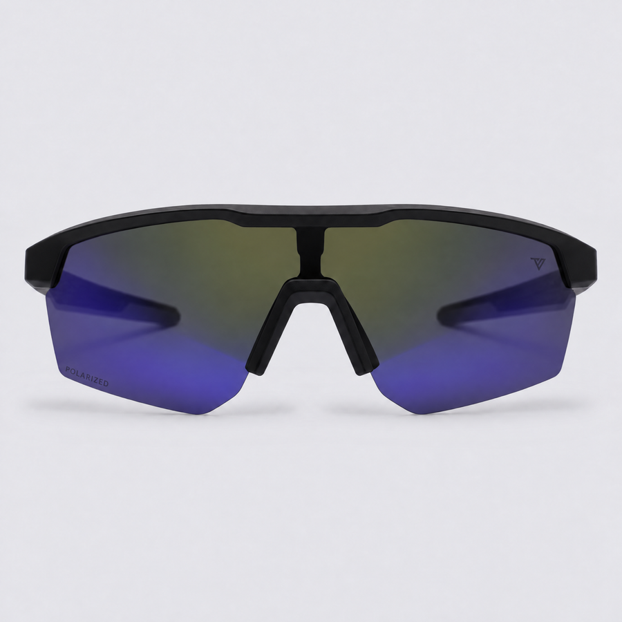 Trailvision Velocity sunglasses, Matte Black frame with black temple tips and a polarized Dark Blue Mirror shield lens, front view