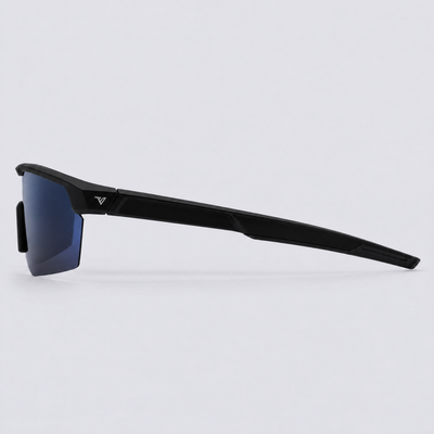 Trailvision Velocity sunglasses, Matte Black frame with black temple tips and a polarized Dark Blue Mirror shield lens, side view