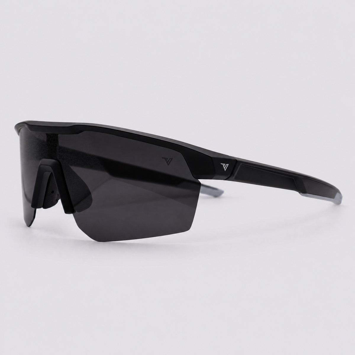 Trailvision Velocity sunglasses, Matte Black frame with grey temple tips and a polarized Smoke shield lens, angle view